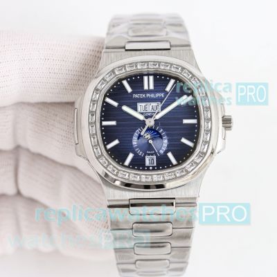 TWF 1-1 Swiss Replica Patek Philippe Nautilus Diamond Blue Dial SS Moon Phase Watch 
